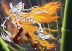  1girl baggy_pants bamboo blurry boots brown_boots burnt_clothes depth_of_field fire flame fujiwara_no_mokou hair_ribbon highres long_hair open_mouth outstretched_hand phoenix_wings ponytail qkaqlenfrl red_eyes ribbon running silver_hair tail touhou tress_ribbon very_long_hair wings 