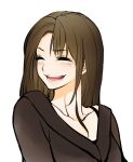  1girl blush brown_hair closed_eyes eyelashes laughing long_hair looking_over_shoulder open_mouth original poaro simple_background solo strap sweater v-neck white_background 