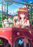  1girl ahoge akashio_(loli_ace) brown_hair butterfly cake clouds cup detached_sleeves double_bun food hair_ornament hairband japanese_clothes kantai_collection kongou_(kantai_collection) long_hair mountain outdoors personification rainbow smile solo tea_set teacup thighhighs 