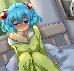  1girl alternate_costume blue_eyes blue_hair blush breasts collarbone curtains dutch_angle eyebrows full-face_blush hair_bobbles hair_ornament hatomizu_(issunya) highres kawashiro_nitori knees_up looking_at_viewer off_shoulder on_bed pajamas parted_lips picture_frame pillow short_hair sitting solo sweat touhou twintails 