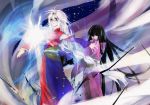  2girls adapted_costume alpha.e arrow black_hair blue_eyes bow_(weapon) braid hair_over_one_eye hand_to_own_mouth highres houraisan_kaguya injury long_hair multiple_girls no_hat outstretched_arms red_eyes silver_hair touhou very_long_hair weapon yagokoro_eirin 