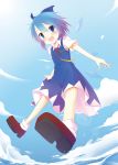  1girl blue_eyes blue_hair blush bow cirno from_below gradient_hair hair_bow highres ice ice_wings ichihina multicolored_hair open_mouth purple_hair sky solo touhou wings 