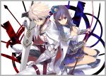  1boy 1girl armor black_hair blonde_hair blue_eyes bow_(weapon) breasts cleavage crown green_eyes large_breasts long_hair mini_crown pointy_ears shirabi_(life-is-free) sitting sword wariza weapon 