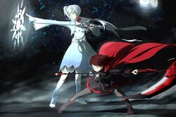  2girls black_legwear blue_eyes boots cape cape_lift cross dress fog full_moon grey_eyes highres jewelry long_hair magic_circle moon multiple_girls night night_sky pantyhose ponytail rapier redhead ruby_rose rwby scar scythe short_hair skirt skirt_lift sky smile stance star_(sky) starry_sky sword weapon weiss_schnee white_hair wind_lift 