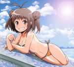  1girl ahoge antenna_hair bikini blush breasts brown_eyes brown_hair cleavage clouds double_bun grin kantai_collection lens_flare lying naka_(kantai_collection) navel personification side-tie_bikini sky smile solo swimsuit tom_(drpow) water 