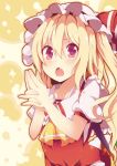  1girl ascot blonde_hair bust fang flandre_scarlet hat hat_ribbon highres kan_lee looking_at_viewer mob_cap open_mouth puffy_sleeves red_eyes ribbon shirt short_hair solo touhou vest 