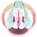  1girl blue_eyes detached_sleeves flower gomi_chiri green_hair hatsune_miku heart long_hair necktie open_mouth skirt solo twintails vocaloid white_background 