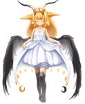  1girl blonde_hair closed_eyes curtsey dress hair_tubes highres hooves horns long_hair mizutsu monster_girl original payot revision simple_background smile solo white_background white_dress wings 