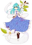 1girl aqua_hair boots detached_sleeves fingernails flower gohei hair_ornament hair_tubes highres kochiya_sanae long_hair long_skirt ngayope shide skirt snake solo touhou yellow_eyes