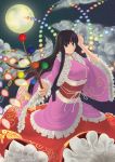  1girl absurdres black_hair branch brown_eyes clouds cloudy_sky danmaku floral_print foreshortening frilled_skirt frilled_sleeves frills full_moon highres holding houraisan_kaguya jeweled_branch_of_hourai long_hair long_skirt moon night obi qkaqlenfrl red_skirt skirt smile solo touhou wide_sleeves 
