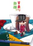  1girl brown_eyes brown_hair cup fang kantai_collection long_hair mechanical_pencil open_mouth pencil personification ryuujou_(kantai_collection) sitting sketchbook solo spoon sugar_cube teacup translated twintails visor_cap yakou_(innocent_chapel) 