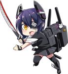  1girl caffein chibi eyepatch fingerless_gloves gloves headgear kantai_collection looking_at_viewer machinery open_mouth personification purple_hair short_hair solo sword tenryuu_(kantai_collection) thighhighs turret weapon yellow_eyes 