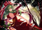  1girl absurdres bow dress frills front_ponytail green_eyes green_hair hair_bow hair_ribbon highres kagiyama_hina long_hair looking_at_viewer looking_back ribbon short_sleeves solo suisai. touhou tree 