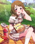  1girl artist_request blanket brown_hair character_name dress eyebrows food idolmaster idolmaster_million_live! jpeg_artifacts long_hair looking_at_viewer miyao_miya official_art park picnic picnic_basket plaid sandwich shoes signature sparkle thermos 