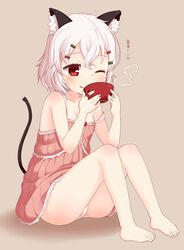  1girl ;q animal_ears barefoot blush cat_ears cat_tail cup dress hair_ornament hairclip heart highres legs muku-coffee original panties pantyshot pantyshot_(sitting) red_eyes revision shiro_(muku) short_hair sitting smile solo steam tail teacup tongue translated underwear white_hair white_panties wink 