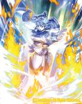  1girl azusa_(hws) breasts cardfight!!_vanguard chaps character_name explosion fire green_eyes ice_crystal navel pale_skin scarf short_hair short_shorts shorts sideboob silver_hair solo 