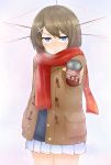  1girl :&lt; blue_eyes blush brown_hair can canned_coffee coffee hair_ornament hairclip hasai_(mekkan) headgear kantai_collection looking_at_viewer maya_(kantai_collection) personification pleated_skirt scarf short_hair skirt winter_clothes 