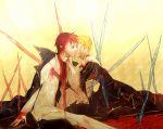  1boy 1girl beatrice blonde_hair blood cape choker closed_eyes dress hair_bun impaled kiss necktie redhead sitting umineko_no_naku_koro_ni ushiromiya_battler wide_sleeves yuriki_takaya 