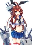  1girl :3 ahoge blue_eyes brown_hair elbow_gloves gloves hair_ribbon highres innertube kantai_collection kongou_(kantai_collection) konkito long_hair looking_at_viewer machinery midriff navel open_mouth panties personification rensouhou-chan ribbon shimakaze_(kantai_collection) shimakaze_(kantai_collection)_(cosplay) socks solo striped striped_legwear thighhighs turret underwear 
