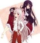  2girls barefoot black_hair bow breasts carrying cleavage dress fujiwara_no_mokou hair_bow hair_ribbon houraisan_kaguya long_hair multiple_girls pants red_eyes ribbon shoulder_carry silver_hair suspenders touhou tsuno_no_hito very_long_hair violet_eyes 