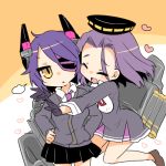  2girls :&lt; closed_eyes eyepatch gloves hands_on_hips headgear heart hug kantai_collection lowres machinery mechanical_halo multiple_girls open_mouth personification purple_hair short_hair takamura tatsuta_(kantai_collection) tenryuu_(kantai_collection) yellow_eyes 
