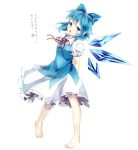  1girl arms_behind_back barefoot blue_dress blue_eyes blue_hair bow chestnut_mouth cirno dress gorilla_(bun0615) hair_bow highres ice ice_wings looking_at_viewer open_mouth puffy_sleeves shirt short_sleeves simple_background solo touhou white_background wings 