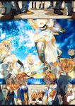  1boy 1girl absurdres aqua_eyes arm_warmers blonde_hair brother_and_sister detached_sleeves hair_ornament hair_ribbon hairclip headphones highres kagamine_len kagamine_len_(append) kagamine_rin kagamine_rin_(append) maple_(cyakapon) navel necktie ribbon scarf school_uniform serafuku short_hair shorts siblings smile twins vocaloid vocaloid_append 