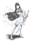  1girl black_hair boots dress epaulettes highres junketsu kill_la_kill kiryuuin_satsuki long_hair partially_colored ranh serious solo standing sword thigh_boots thighhighs weapon 