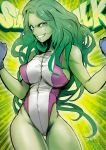  1girl breasts character_name clenched_hands eyebrows green_eyes green_hair green_skin grin jinbei large_breasts leotard long_hair marvel she-hulk sideboob smile solo thigh_gap thighs 