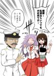  1boy 2girls admiral_(kantai_collection) akagi_(kantai_collection) brown_hair greatdearka japanese_clothes jun&#039;you_(kantai_collection) kantai_collection long_hair multiple_girls muneate personification purple_hair smile translation_request 