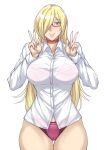  1girl black_beat blonde_hair bra breasts choker double_v glasses hair_over_one_eye large_breasts long_hair looking_at_viewer panties red-framed_glasses red_bra red_panties see-through simple_background smile solo thigh_gap underwear v violet_eyes white_background wide_hips 
