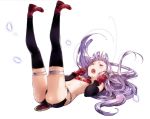  1girl :o absurdres armor black_legwear black_panties boots closed_eyes elbow_gloves gloves hair_ornament highres legs_up loincloth long_hair lying on_back open_mouth outbreak_company panties petrarca_ann_erudanto_iii purple_hair red_gloves scan simple_background small_breasts solo thigh_strap thighhighs underwear white_background yuugen 