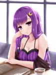  1girl alternate_costume bare_shoulders blush book breasts cleavage crescent crescent_hair_ornament cup hair_ornament hairclip long_hair looking_at_viewer patchouli_knowledge purple_hair solo teacup tokugawa_landine touhou violet_eyes 
