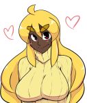  1girl ahoge blonde_hair blush breasts bust dark_skin eyebrows heart highres impossible_clothes impossible_sweater kirbila_(yellow_kirby) large_breasts long_hair orange_hair original payot red_eyes ribbed_sweater smile solo sweater thick_eyebrows turtleneck white_background yellow_kirby 