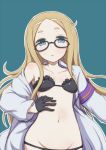  1girl black_gloves black_panties blonde_hair blue_eyes bra glasses gloves long_hair natasha_(sekai_seifuku) navel negija panties sekai_seifuku:_bouryaku_no_zvezda underwear 