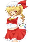  1girl ascot blonde_hair blush breasts fang flandre_scarlet hat highres himenomikan midriff navel open_mouth red_eyes short_hair side_ponytail simple_background skirt skirt_set smile solo touhou white_background wings 