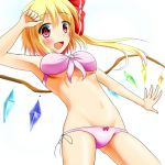  1girl bikini blonde_hair breasts flandre_scarlet hair_ribbon lowleg lowleg_bikini navel open_mouth pink_bikini pink_eyes ribbon rody_(hayama_yuu) side-tie_bikini side_ponytail simple_background smile solo swimsuit touhou under_boob white_background wings 