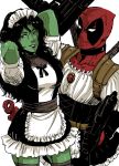  1girl 2boys alternate_costume black_hair bodysuit deadpool dual_wielding enmaided green_lipstick green_skin gun lips lipstick long_hair maid maid_headdress makeup marvel marvel_vs._capcom marvel_vs._capcom_3 mask multiple_boys she-hulk shitara_(kaimetsu_joutai) spider-man thighhighs weapon 