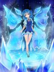  1girl blue_dress blue_hair bow cirno dress hair_bow ice ice_wings mary_janes matokechi red_ribbon ribbon shoes short_hair short_sleeves socks solo touhou water wings 