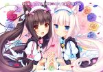  2girls animal_ears bell black_hair blue_eyes blush brown_eyes cat_ears chocolat_(sayori) flower holding_hands interlocked_fingers long_hair looking_at_viewer maid maid_headdress multiple_girls open_mouth original pink_hair rose sayori slit_pupils twintails vanilla_(sayori) 