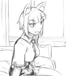  1girl animal_ears bangs breasts cat_ears kuraishi_tanpopo large_breasts monochrome on_bed short_hair sitting sketch slit_pupils solo tsukudani_(coke-buta) witch_craft_works 
