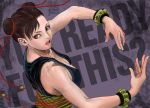  1girl 909 alternate_costume breasts brown_eyes brown_hair chun-li cleavage double_bun dress earrings hair_ribbon jewelry lips nose open_mouth ribbon sash short_hair sideboob street_fighter street_fighter_iv studded_bracelet 