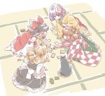  4girls bell black_hair blonde_hair bow cat checkered detached_sleeves flower hair_bell hair_bow hair_flower hair_ornament hair_tubes hakurei_reimu hieda_no_akyuu japanese_clothes jingle_bell kirisame_marisa long_hair mitsumoto_jouji motoori_kosuzu multiple_girls open_mouth purple_hair redhead short_hair smile touhou twintails violet_eyes wide_sleeves 