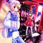  2girls animal_ears blonde_hair brown_hair cat_ears chen dress fox_tail hands_in_sleeves highres kuze_matsuri multiple_girls multiple_tails multiple_torii orange_eyes short_hair tail torii touhou yakumo_ran 