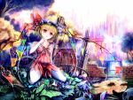  1girl adapted_costume bird blonde_hair building city collarbone dress finger_to_mouth flandre_scarlet hat looking_at_viewer red_dress red_eyes sitting skull skyscraper sleeveless sleeveless_dress solo tenhenoboru touhou tree tree_stump wall wariza wings 