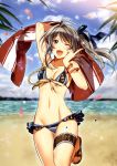  1girl ;d absurdres ahoge arm_up bare_shoulders beach bikini blue_bikini blue_sky blurry bracelet breasts brown_eyes cherry_blossoms cleavage depth_of_field highres jewelry leg_up licorice_nelson long_hair navel open_mouth petals sandals senjou_no_valkyria senjou_no_valkyria_2 side_ponytail silver_hair sky small_breasts smile solo swimsuit thigh_gap thigh_strap v water_drop wink 