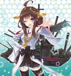  1girl ahoge bare_shoulders brown_hair detached_sleeves double_bun hairband honeycomb_background japanese_clothes kantai_collection kongou_(kantai_collection) long_hair open_mouth personification smile thighhighs urabi_(tomatohouse) violet_eyes wink 