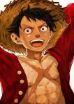  1boy abs black_hair bust hat lack male monkey_d_luffy one_piece open_clothes open_mouth open_shirt scar short_hair solo stitches straw_hat 