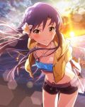  1girl artist_request bikini_top blue_hair blush brown_eyes cropped_jacket flower hair_flower hair_ornament idolmaster idolmaster_million_live! jewelry kisaragi_chihaya lens_flare long_hair looking_at_viewer musical_note navel necklace ocean official_art shorts smile 