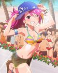  ;d armlet audience baseball_cap beach bikini bracelet breasts cleavage grin hat idolmaster idolmaster_million_live! jewelry long_hair looking_at_viewer maihama_ayumu multicolored_hair multiple_girls ocean open_mouth pink_eyes pink_hair shorts smile solo_focus sunlight swimsuit thumbs_up wink 